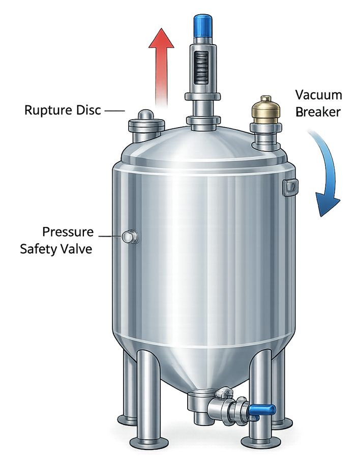Pharmaceutical process vessel with pressure-relief valve and vacuum-protection device