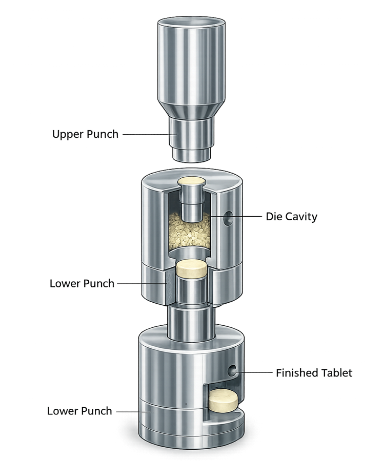 Tablet press tooling assembly showing upper punch, lower punch, die cavity, powder fill, and finished tablet.