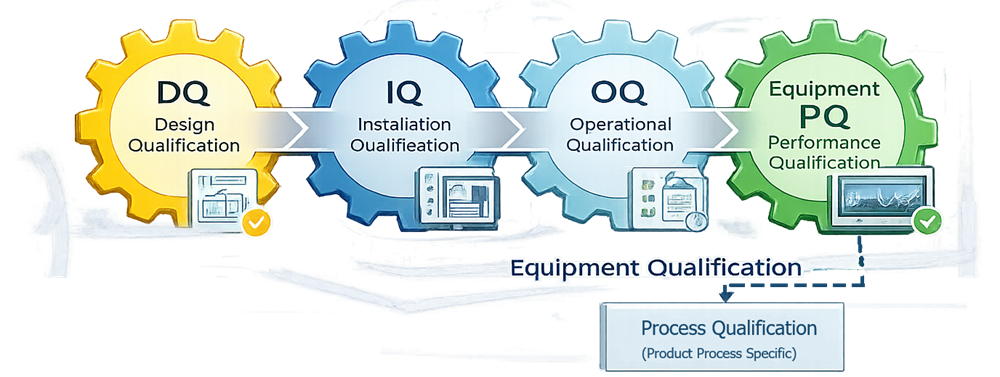 Lyophilization system qualification lifecycle showing URS, DQ, IQ, OQ, equipment performance verification, release, routine control, and requalification.