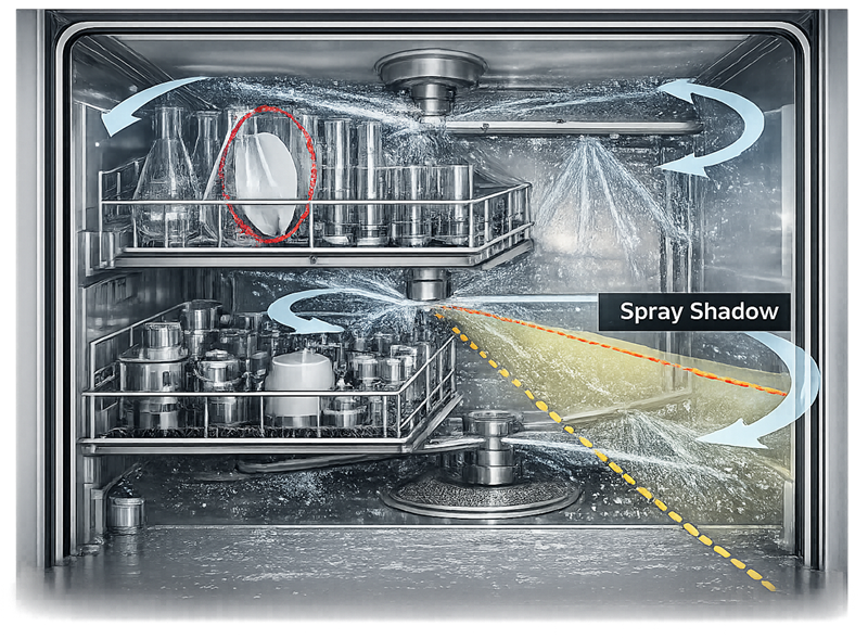 Comparison of correct and incorrect rack loading in a parts washer showing how stacked components can block spray coverage and create shadowed cleaning areas.