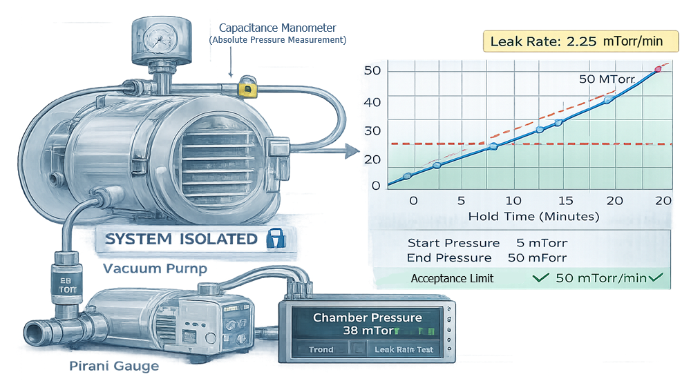 Lyophilizer chamber rate-of-rise leak test showing chamber evacuation, isolation, and measurement of pressure increase over time.