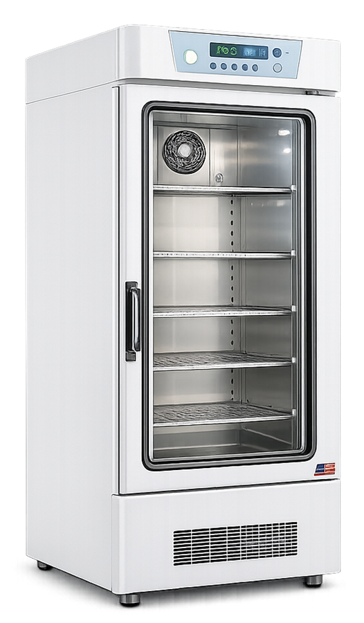 Reach-in pharmaceutical stability chamber with shelves, environmental controls, circulation fan, and temperature and humidity monitoring sensors.