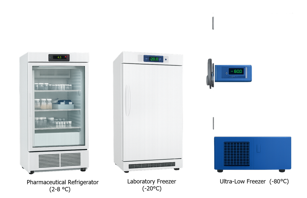 Pharmaceutical refrigerator, conventional freezer, and ultra-low-temperature freezer used for controlled storage in regulated environments.