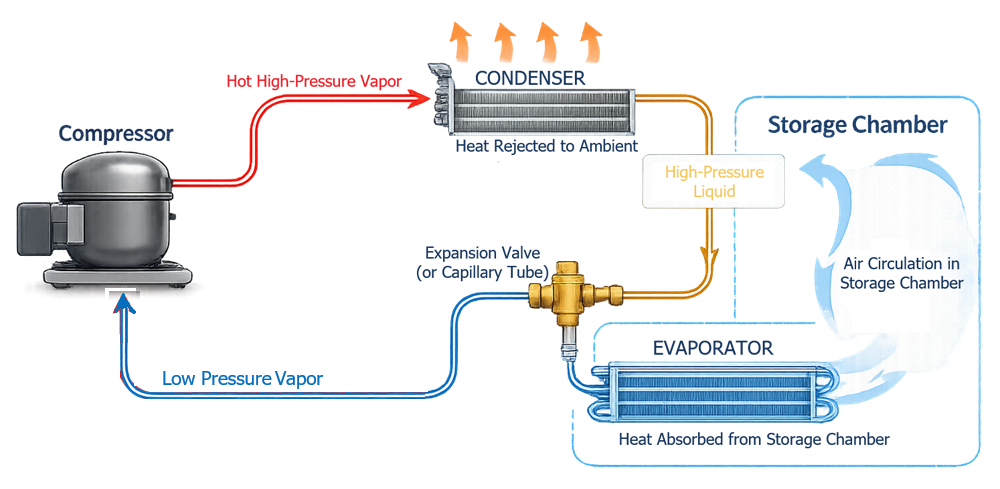 Vapor-compression refrigeration system showing compressor, condenser, expansion device, evaporator, and heat-transfer direction.