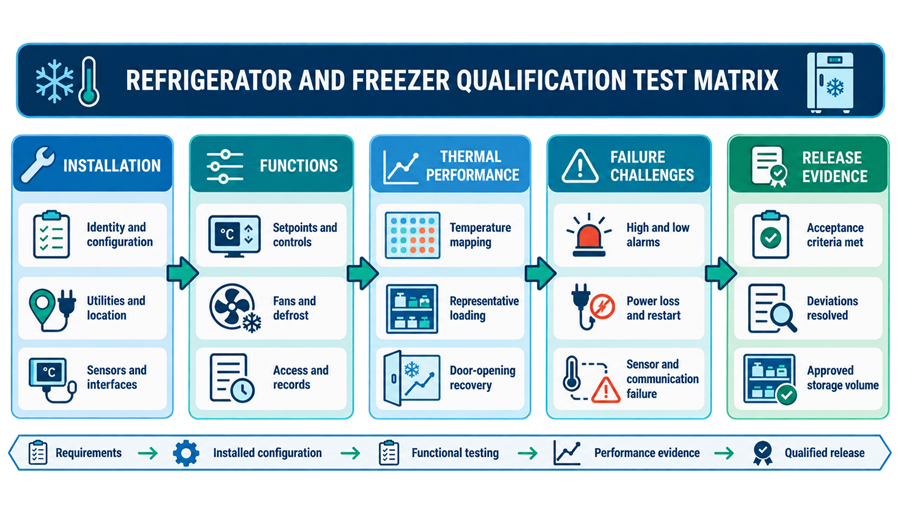 Refrigerator and freezer qualification test matrix connecting installed components, operating functions, mapping, alarms, failure challenges, and release evidence.
