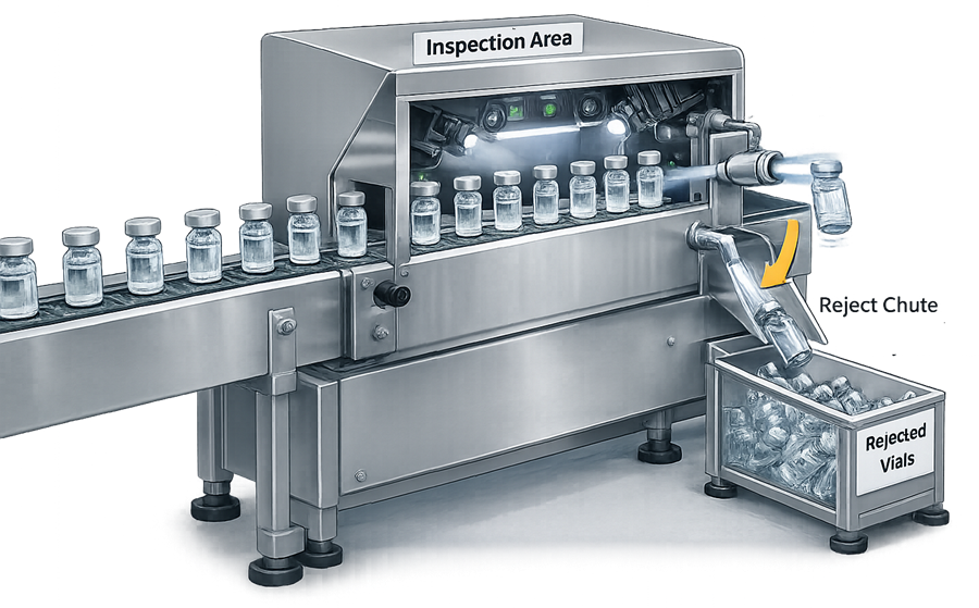Pharmaceutical inspection conveyor showing detected defective units diverted through a reject chute into a secured reject container.