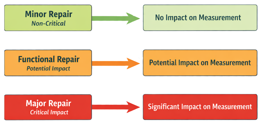 Diagram showing repair categories mapped to impact levels, including minor, functional, and major repairs linked to no impact, potential impact, and significant impact on measurement.