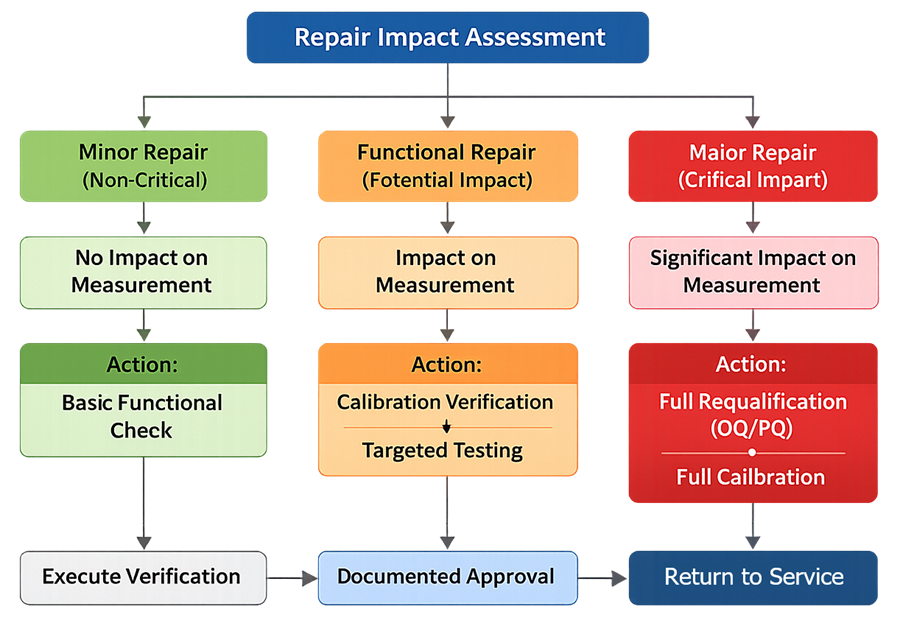 Decision diagram showing repair types leading to actions such as basic checks, calibration verification, or full requalification based on impact assessment.