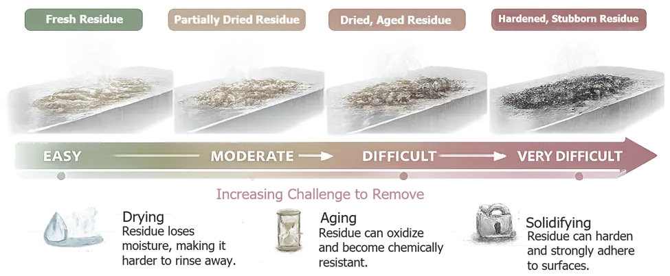 Fresh and dried product residue on equipment surfaces showing increased adhesion and cleaning difficulty after aging.