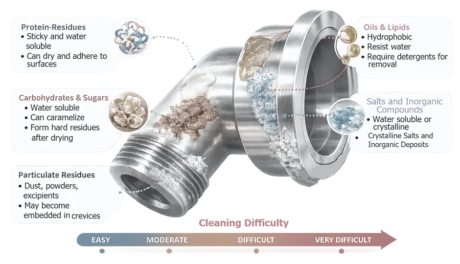 Product films, oils, particles, and crystalline salts interacting with equipment surfaces and creating different cleaning challenges.