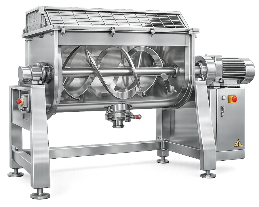 Pharmaceutical ribbon mixer showing horizontal trough, internal helical ribbons, drive, discharge valve, and support frame.