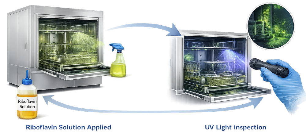 Riboflavin spray-coverage test showing fluorescent solution applied to washer surfaces and removed by the test cycle.