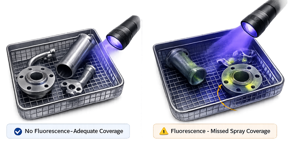 Ultraviolet inspection comparing adequate riboflavin removal with retained fluorescence caused by incomplete spray coverage.