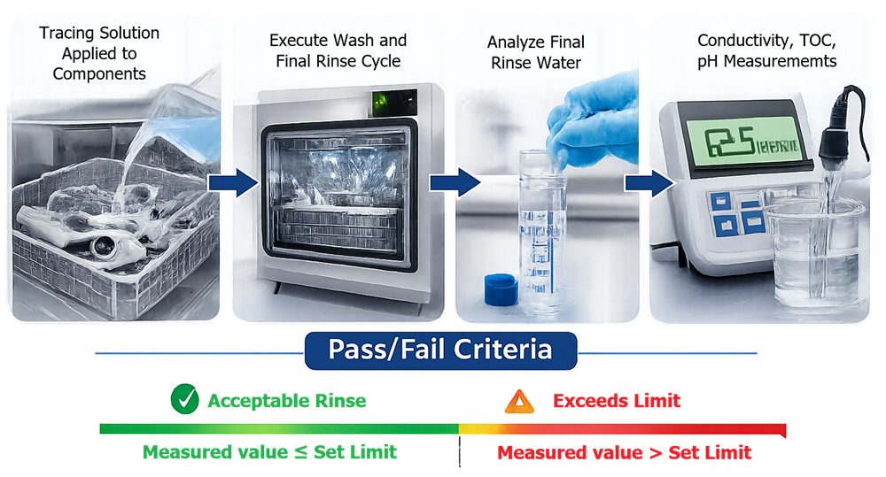 Parts-washer final-rinse sampling and analytical evaluation used to verify removal of cleaning-agent and displaced residues.