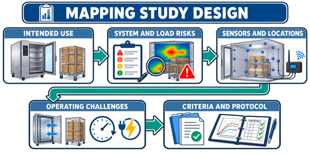 Risk-based thermal-mapping study design from intended use and system risks through sensor placement, operating challenges, acceptance criteria, and protocol approval.