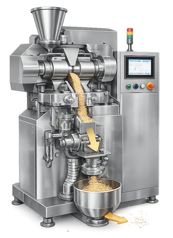 Pharmaceutical roller compactor showing powder feeder, compaction rolls, ribbon discharge, and granule milling stage.