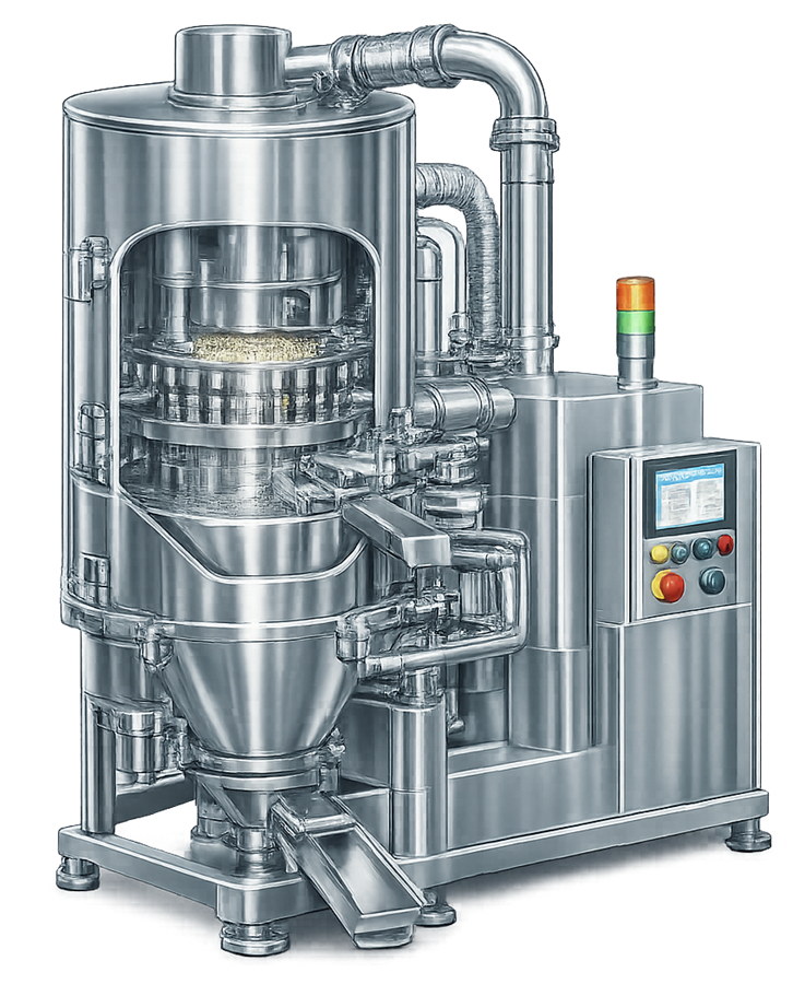 Pharmaceutical rotary tablet press with hopper, feed system, multi-station turret, enclosed compression area, discharge, and control panel.