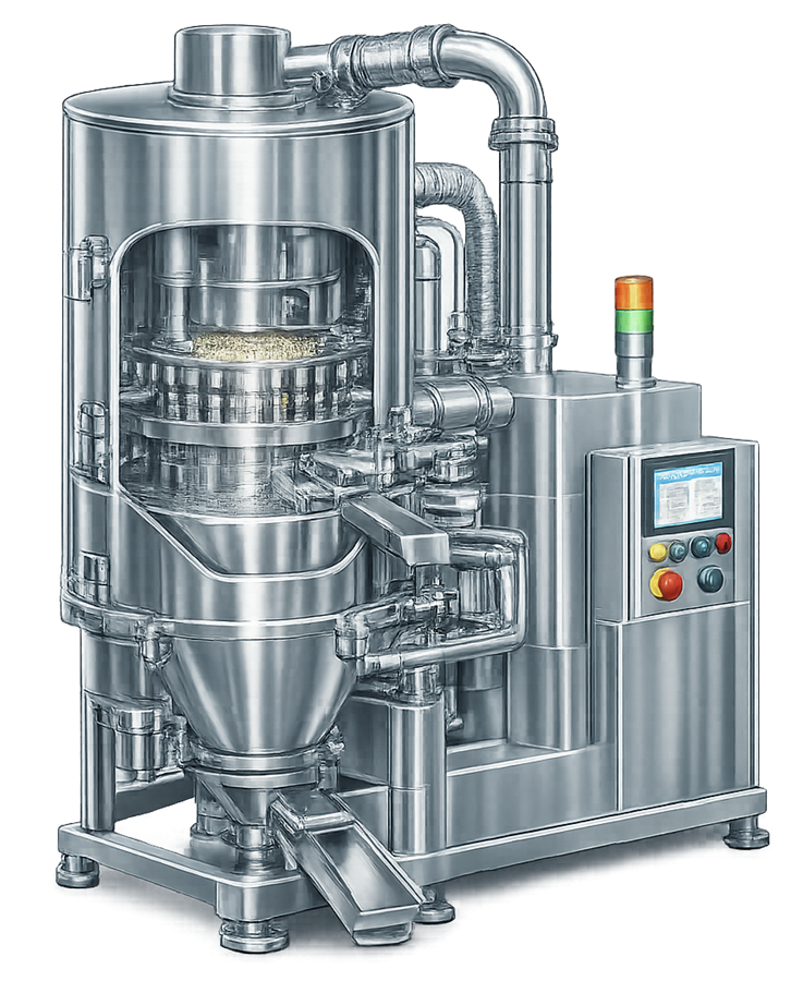 Pharmaceutical rotary tablet press showing turret with multiple punch and die stations used for high-speed tablet compression.