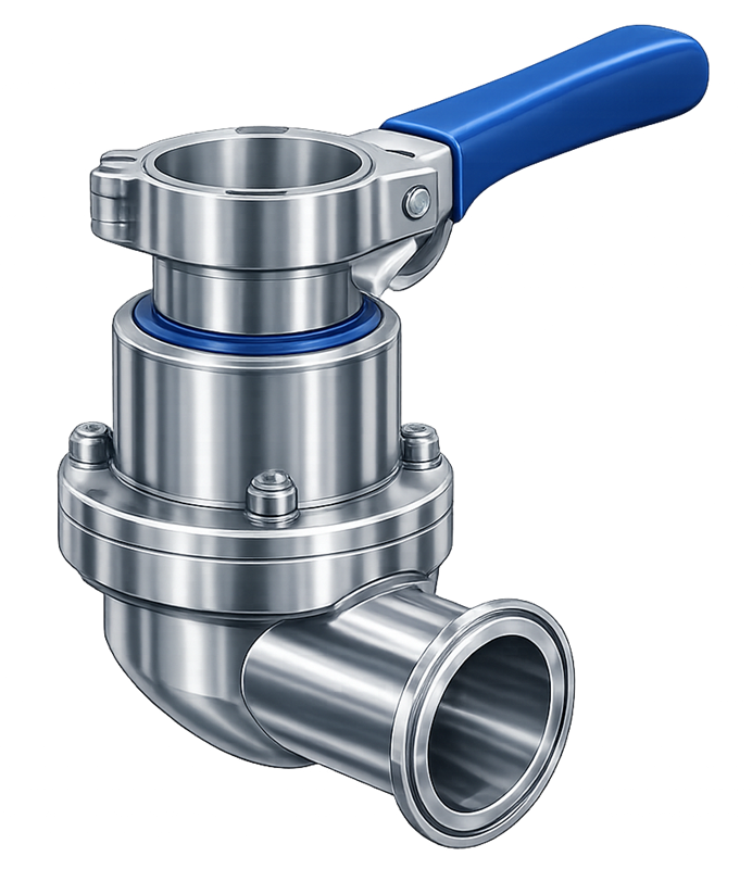 Sanitary bottom outlet valve for draining product and cleaning solution from a process vessel