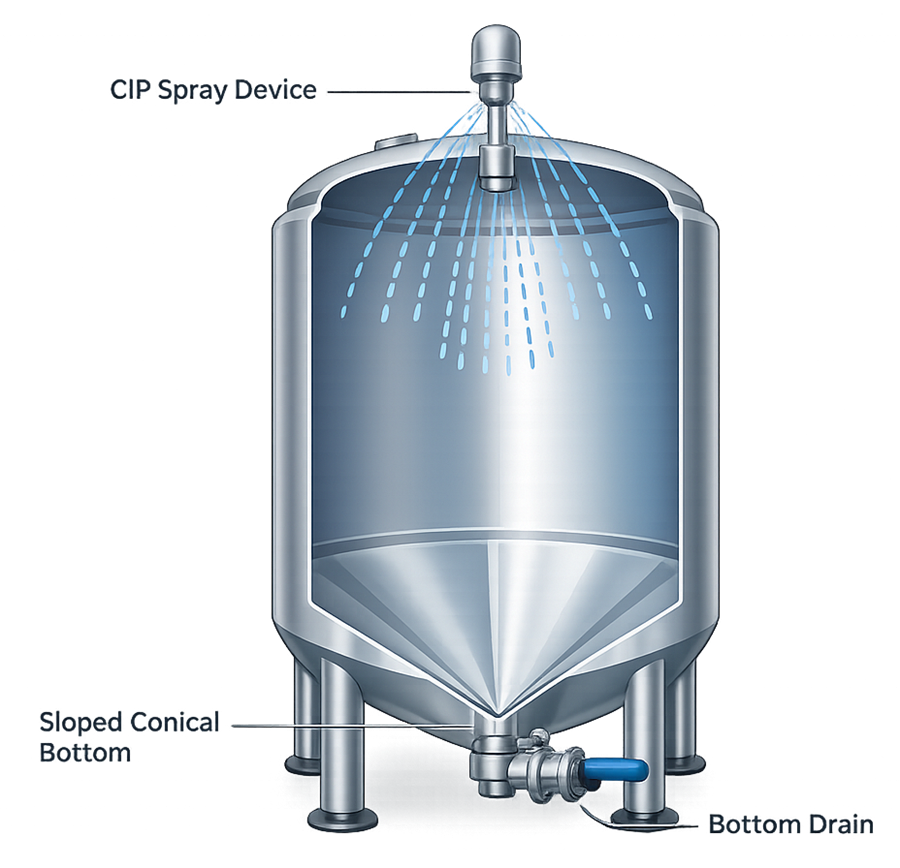 Sanitary pharmaceutical tank geometry with spray device, sloped bottom, and bottom outlet