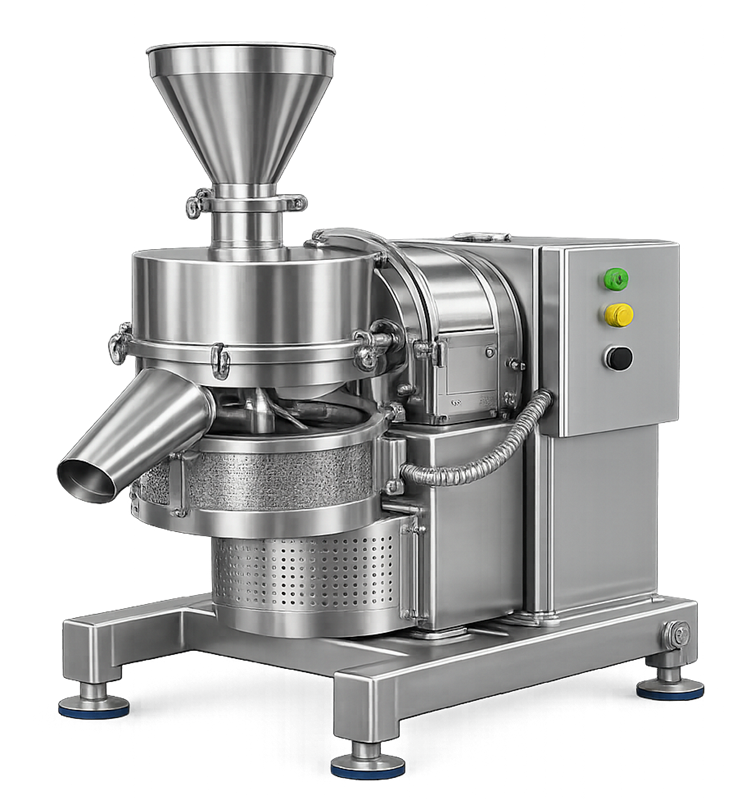 Stainless-steel pharmaceutical screening mill with feed hopper, rotating sizing assembly, screen, and discharge outlet