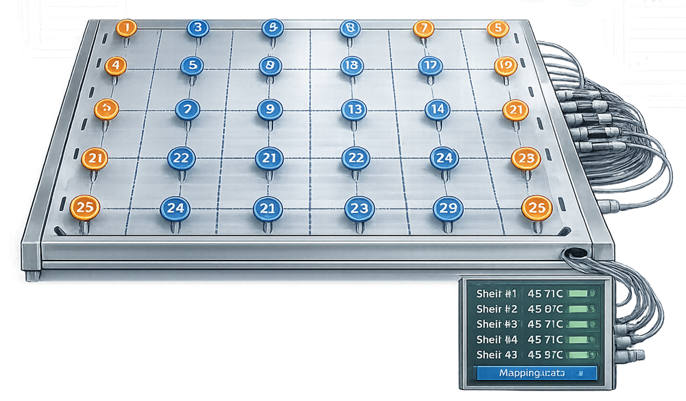 Lyophilizer shelf-temperature mapping layout showing calibrated probe positions across shelf edges, center locations, and multiple shelf levels.