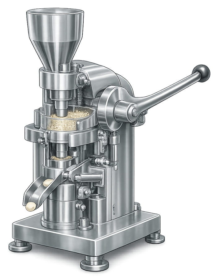Single-station pharmaceutical tablet press with hopper, single punch-and-die station, drive, discharge, and controls.