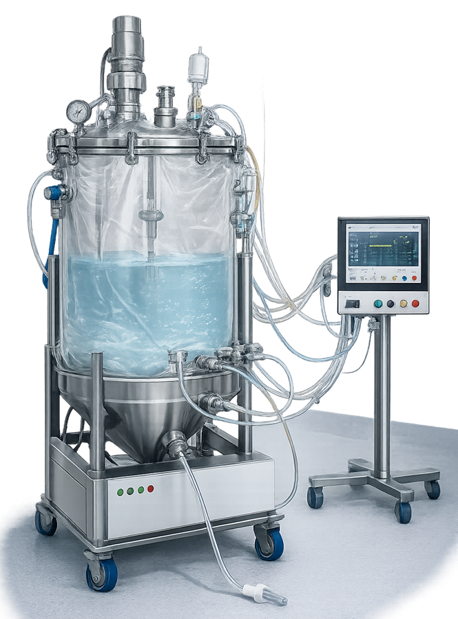 Single-use bioprocess vessel with disposable bag, support frame, mixer, sensors, tubing, and sterile connections