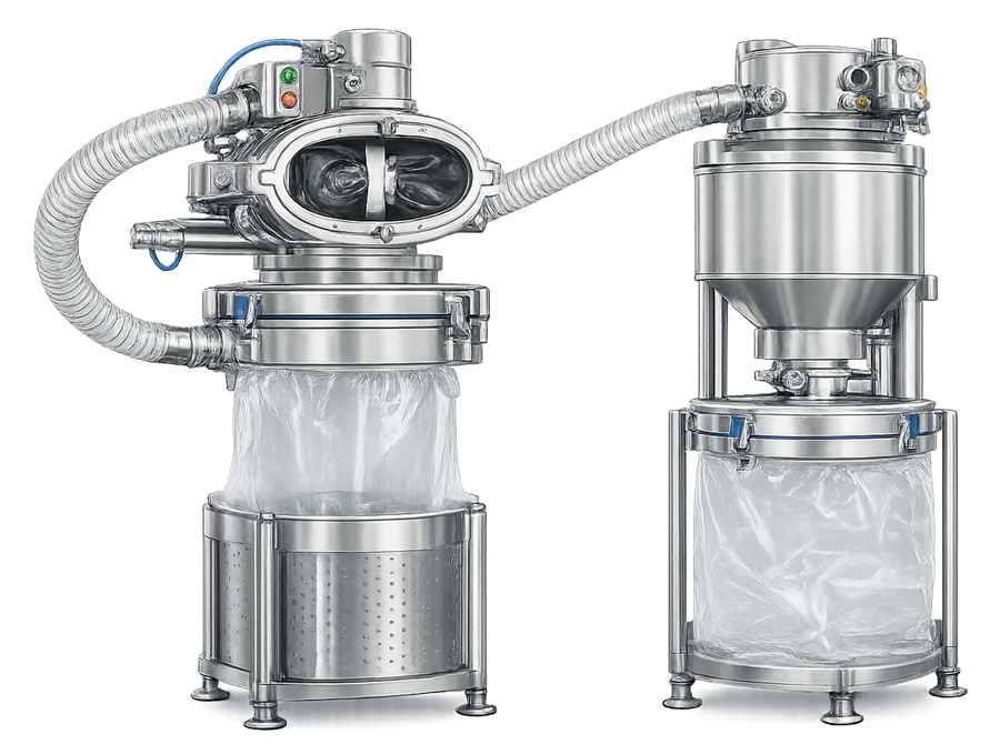 Split butterfly valve providing a contained connection between a powder container and receiving equipment.