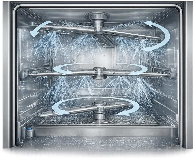Rotating spray arms distributing cleaning solution across parts-washer racks and components