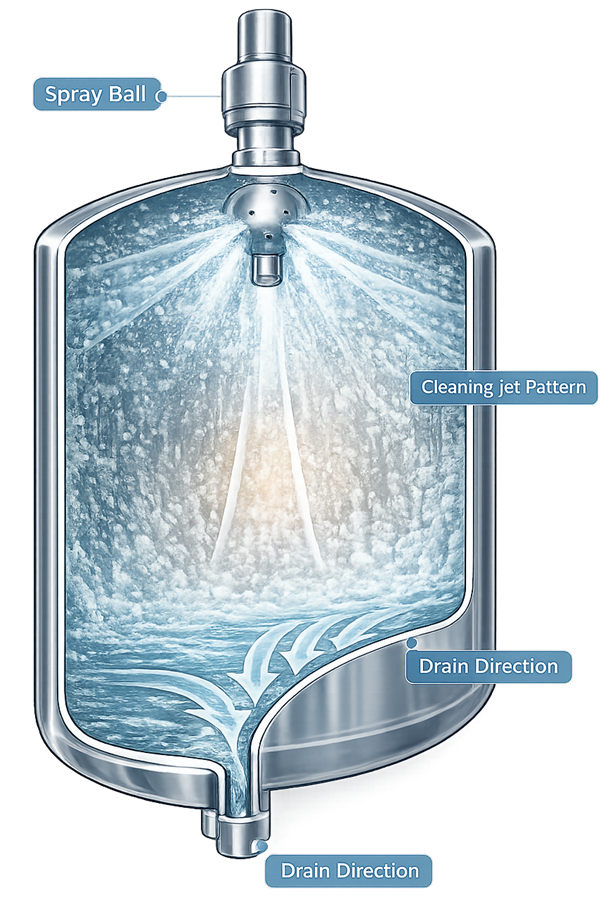 CIP spray coverage across pharmaceutical vessel surfaces and internal components