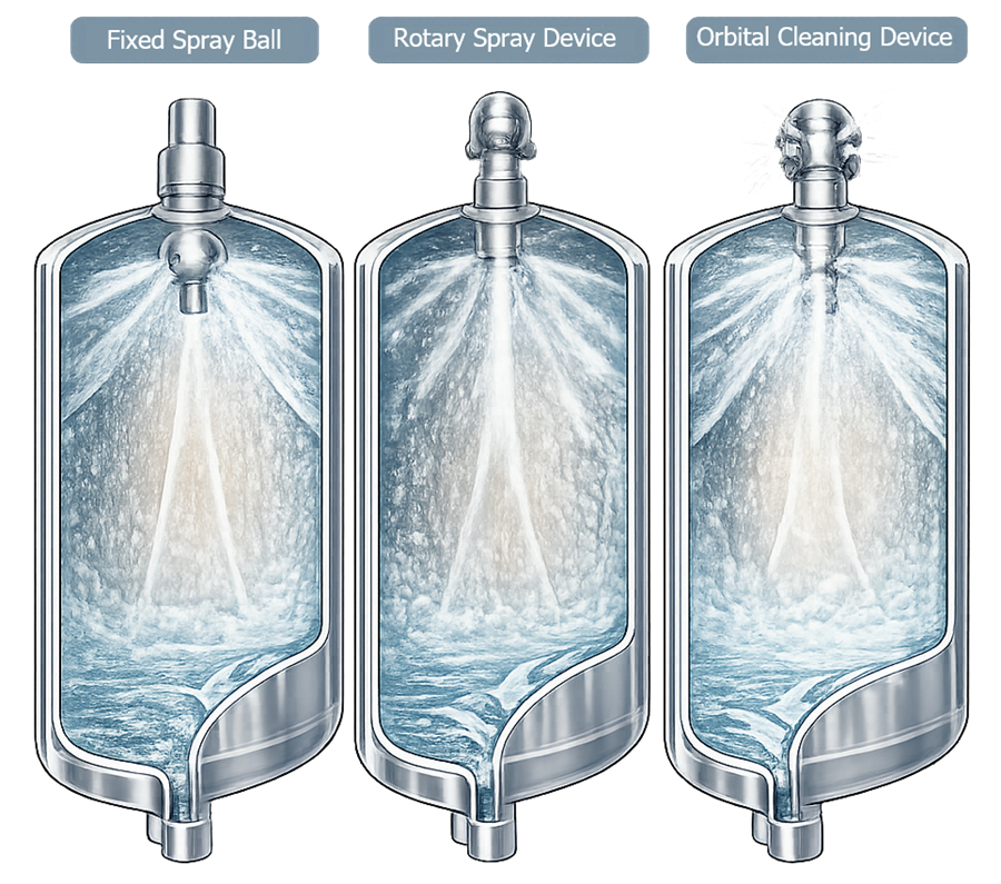 Comparison of fixed spray ball, rotary spray head, and orbital CIP cleaning device