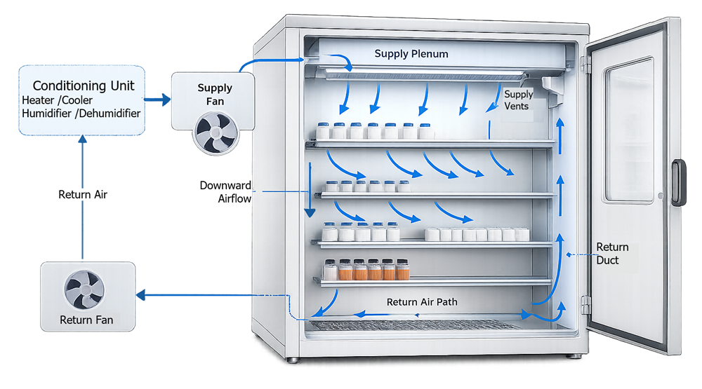 Stability-chamber airflow circulating across shelves and sample loads between the supply and return paths.