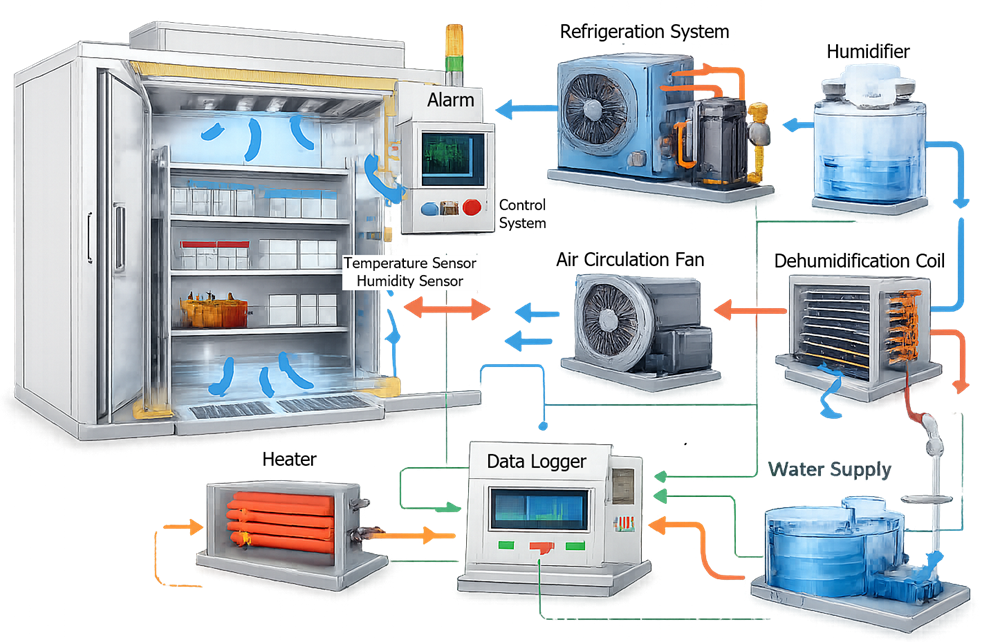 Stability-chamber architecture showing refrigeration, heating, humidification, dehumidification, airflow, sensors, controller, water supply, and drain.