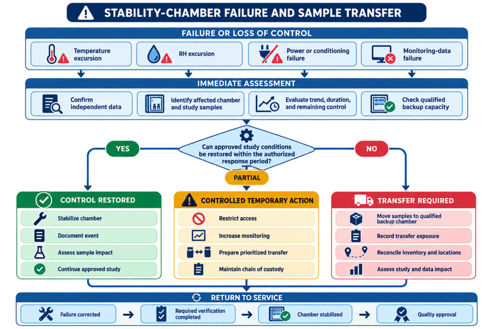 Stability-chamber failure-response workflow for excursion confirmation, affected-sample identification, temporary control, backup capacity, and sample transfer.