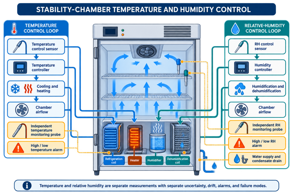 Stability-chamber temperature and relative-humidity control architecture showing separate sensors, controllers, monitoring probes, alarms, and conditioning components.