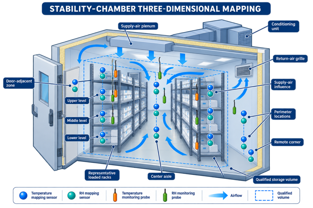Three-dimensional stability-chamber mapping layout with paired temperature and humidity sensors across racks, levels, doors, supply, return, perimeter, and remote locations.