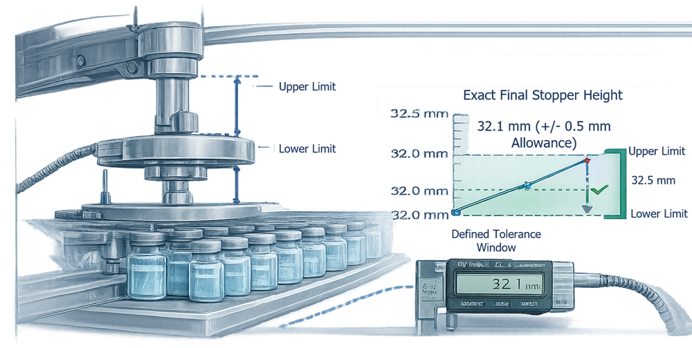 Lyophilizer stoppering verification showing shelf movement, vial stopper compression, final seating height, and mechanical travel limits