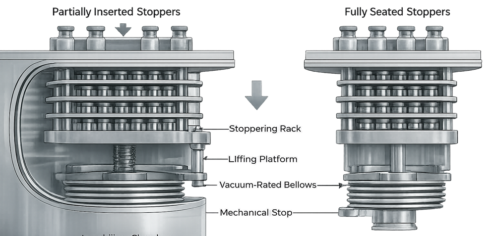 Lyophilizer stoppering mechanism showing shelf movement compressing partially inserted vial stoppers.