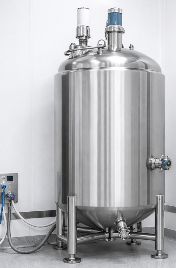 Stainless-steel pharmaceutical storage tank with sanitary connections, vent, instruments, and bottom outlet