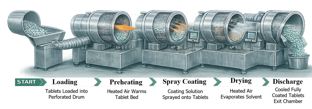 Tablet coating process showing loading, preheating, spray application, solvent evaporation, cooling, and product discharge.