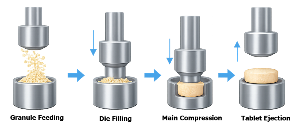 Tablet compression sequence showing granule feeding, die filling, punch compression, and tablet ejection.