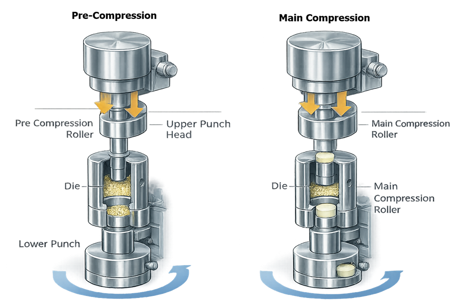 Rotary tablet press pre-compression and main-compression stages showing punches, dies, and compression rollers.