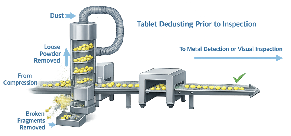 Pharmaceutical tablet deduster removing loose powder and fragments before metal detection or visual inspection.