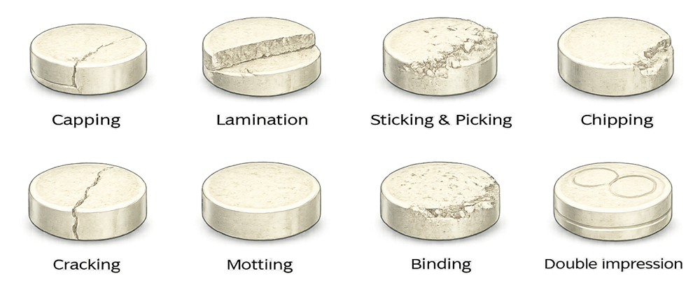 Examples of tablet defects including capping, lamination, sticking, picking, chipping, cracking, mottling, binding, and double impression.