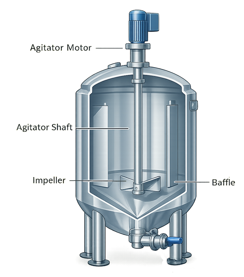 Pharmaceutical tank agitation system with drive, shaft, impeller, baffles, and liquid operating level