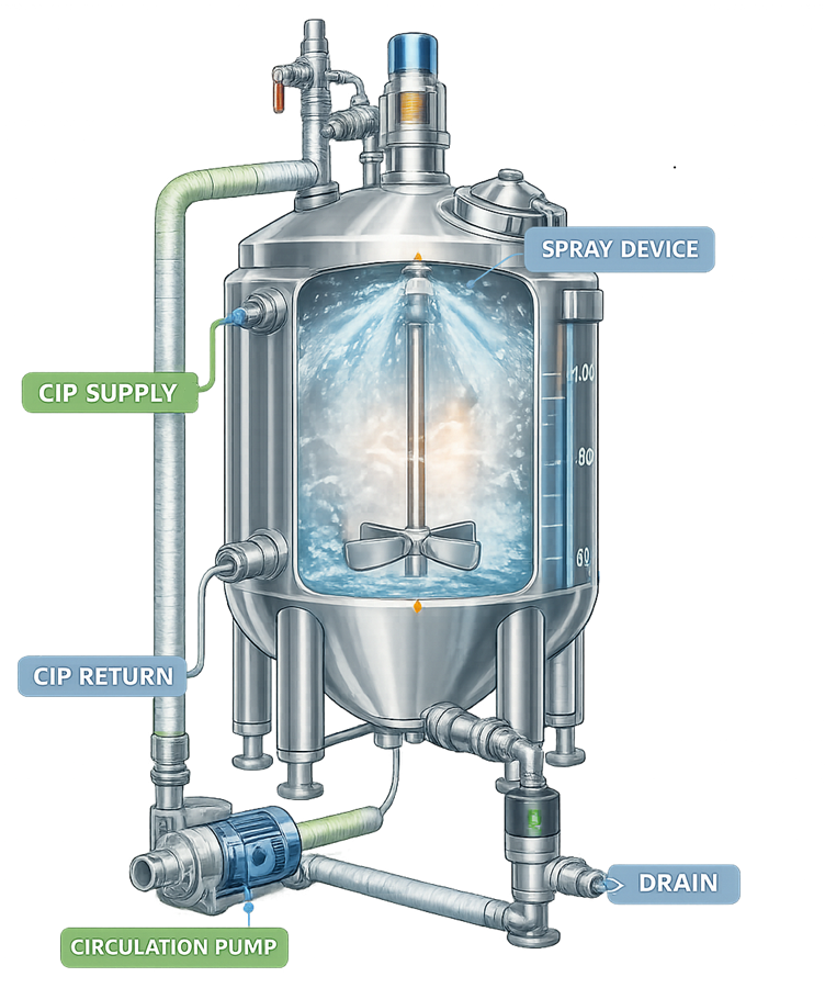 Pharmaceutical tank integrated with CIP supply, spray device, return piping, and drain