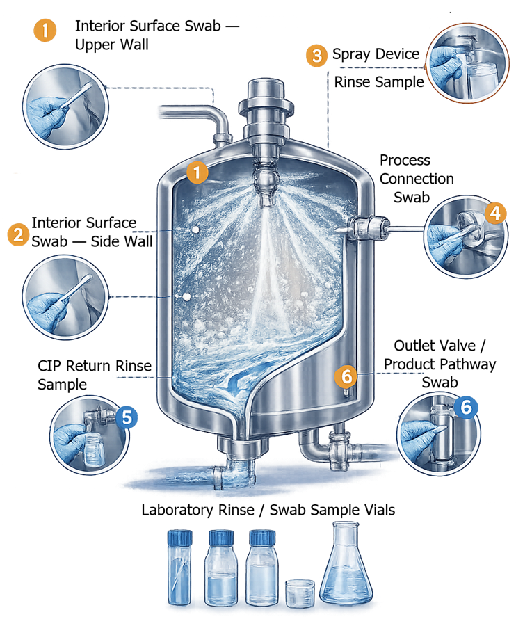 Tank cleaning-validation swab and rinse sampling locations