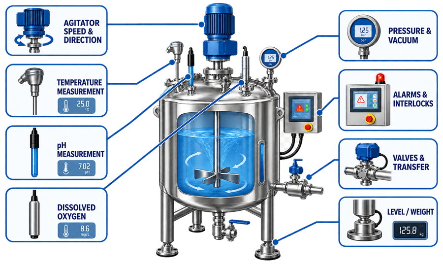 Pharmaceutical tank OQ testing for agitation, temperature, pH, dissolved oxygen, level, pressure, valves, alarms, and interlocks
