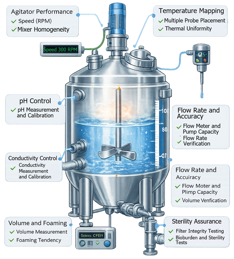 Pharmaceutical vessel performance verification for mixing, temperature control, transfer, and recovery